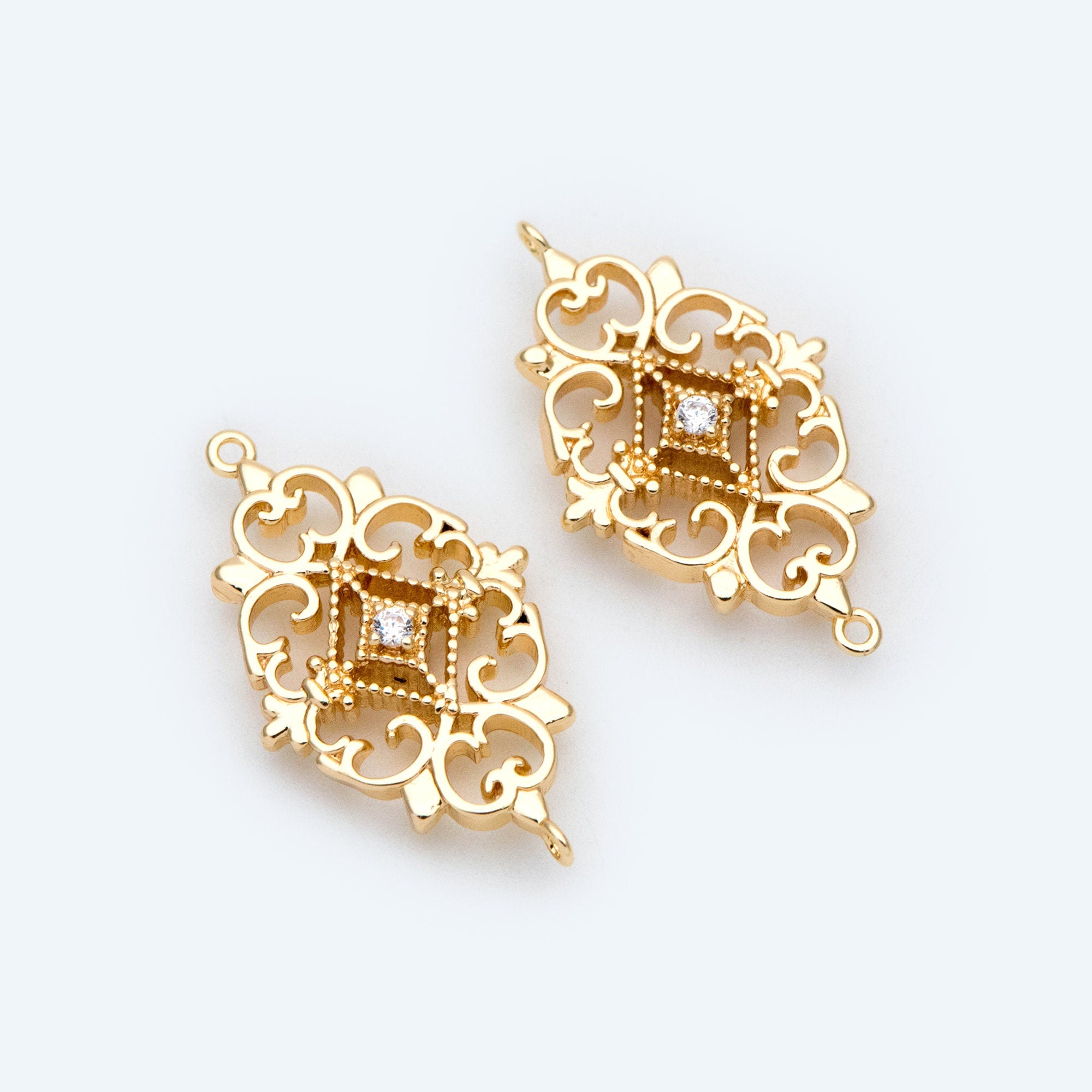 4pcs Gold plated Brass Hollow Rhombus Connector 25x14mm, CZ pave Rhombus Charm Pendant (GB-2535-F)